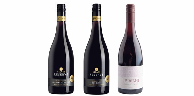 Selaks Reserve Hawkes Bay Merlot Cabernet 2013; Selaks Reserve Hawkes Bay Syrah 2013; Cloudy Bay Te Wahi Central Otago 2011. Photos / Supplied.