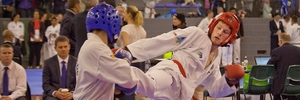 Taekwondo national championships at the Queen Elizabeth Centre over the weekend, including this one between James Wood (red) and Harry Head. Photo / Andrew Warner