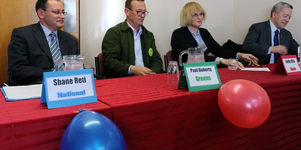ON SHOW: National candidate Dr Shane Reti (left), Green's Paul Doherty, Kelly Ellis of Labour and Pita Paraone of New Zealand First at yesterday's meeting at Radius Potter Home in Whangarei. PHOTOS/JOHN STONE