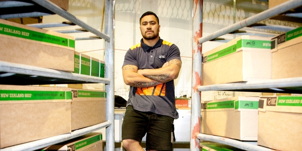 Taradale midfield back Billy Ropiha at work in the freezers at Silver Fern Farms Pacific Plant at Whakatu. Photo / Warren Buckland