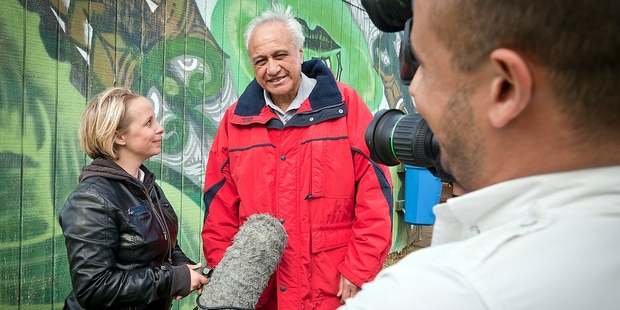 MAORI TRIBUTE: Tauranga man Gus Webster is interviewed by French documentary crew Marion Fiat (director) and filmed by cameraman Soufiane Yassine.PHOTO/ANDREW WARNER