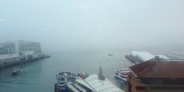 Auckland's Waitemata Harbour was a white-out this morning. Photo / supplied