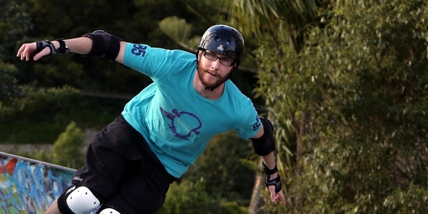 SLOPE: Carl Mansell, known by his roller derby team mates as Hu55lr, is the only male roller derby player from Northland heading to the Australian tournament this year.PHOTO/JOHN STONE