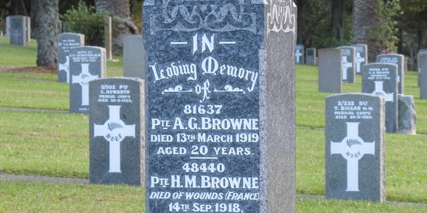 A memorial headstone to the Browne brothers at the Waikumete Cemetery.