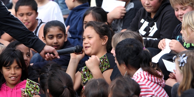 QUESTION TIME: Paihia School student Aquilla Jessop gets to put her question to the visiting All Blacks at the school on Thursday.