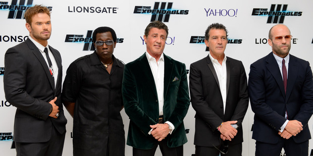 Kellan Lutz, Wesley Snipes, Sylvester Stallone, Antonio Banderas and Jason Statham arrive for the Expendables 3 premiere in London. Photo/AP