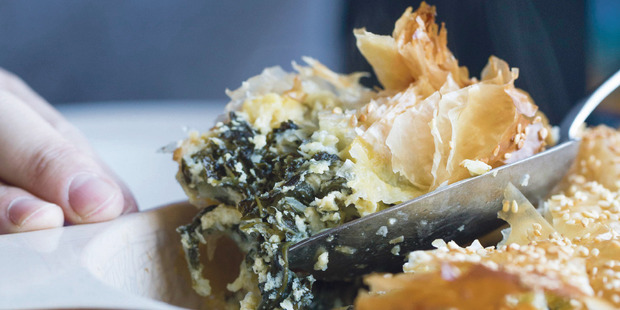Silverbeet, kale and roasted jerusalem artichoke pie. Photo / Tamara West