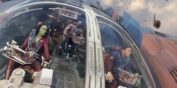 Zoe Saldana, Dave Bautista and Chris Pratt in Guardians of the Galaxy.