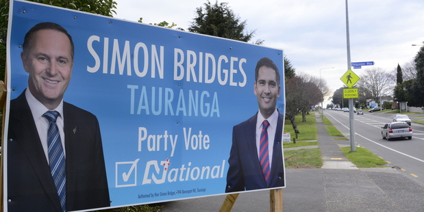 This election sign for Tauranga MP Simon Bridges on Waihi Rd is within the council bylaws. However, some of his signs have been removed for breaching city rules. Photo / George Novak