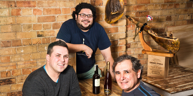 The Black Hoof's Logan Coath and Will Thorpe with supplier Joan Farras of Iberian Foods. Picture / Babiche Martens.