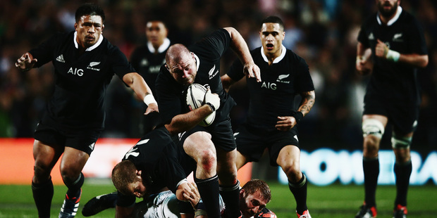 Tony Woodcock of the All Blacks charges forward during the International Test match between the New Zealand All Blacks and England at Waikato Stadium. Photo / Getty Images