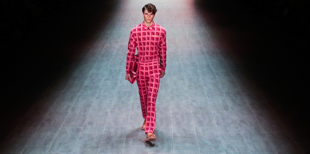 Julian Zigerli's collection at Berlin Fashion Week feature models wearing jandals. Photo / AP