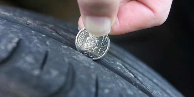 A 20-cent coin is a good way to check tyre tread depth. If you can see the '20', it's time to think about replacement. Photo / Lynda Feringa