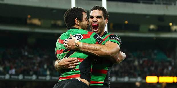 Alex Johnston, left, and Greg Inglis of the Rabbitohs celebrate during the NRL match between the South Sydney Rabbitohs and the Manly Sea Eagles in Sydney. Photo / Getty Images