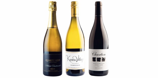 Quartz Reef Central Otago Methode Traditionnelle Brut NV; Kumeu Village Chardonnay 2011; Churton Marlborough Pinot Noir 2011.
