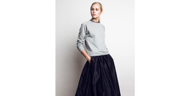 Juliette Hogan grey marle sweater, $249, and raw silk skirt $699. Picture / Supplied.