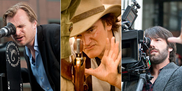 From left, using film, Christopher Nolan makes The Dark Knight Rises, Quentin Tarantino on the set of Django Unchained; and Ben Affleck directs Argo.