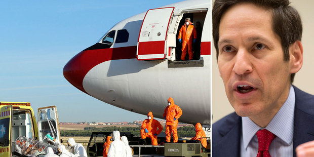 Left, Miguel Pajares, a Spanish priest who contracted Ebola is transferred back to Spain. Right, Dr. Tom Frieden says the virus' spread to the US is 'inevitable'. Photo / AP