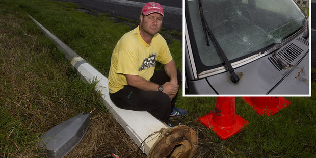 Silvio Kors feels he was lucky to escape harm when the lamp-post crashed on to his ute. Photo / Christine Cornege