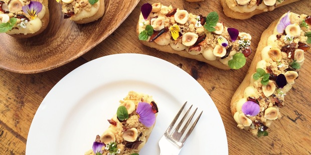 Rosewater rhubarb, spiced dulce de leche and white chocolate eclair. Picture / Melie Ferrier
