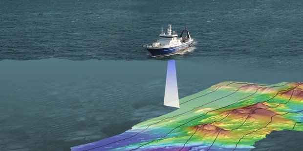 The Niwa research vessel Tangaroa used a fan of sound beams to build up a 3D picture of the sea floor off the Far North's west coast. Graphic / NIWA
