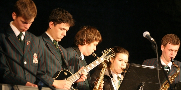 COOL CATS: Eddie Barnett (left), Reade Thompson-Trott, Oliver Mebus-Leckie, Jessica Dewhurst and Joe Boyce from the Rathkeale College senior school jazz band Sforzando on stage at the Martinborough Town Hall yesterday during the inaugural College Jazz Showcase Fresh Jam workshop.