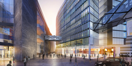 SkyCity's new concept designs for international convention centre, showing a new lane between Auckland's Hobson and Nelson Streets.