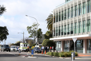 The scene where a woman fell from a building on the corner of Devonport Rd and 1st Ave. Photo/John Borren