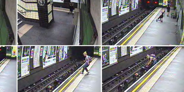 In this combination image taken from video, a child in a buggy is blown on to subway tracks at Goodge Street Station. Photo / AP