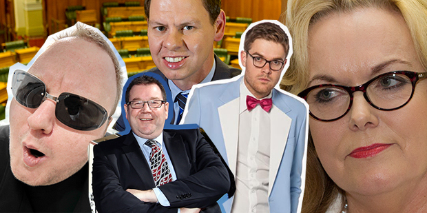 Kim Dotcom, Grant Robertson, Patrick Gower, Guy Williams and Judith Collins. Photo / Kim Dotcom; HBT; NZH