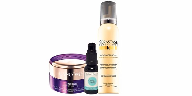 Lancome Renergie French Lift; The Herb Farm Lasting Beauty Kiwiseed and Hazelnut Nourishing Face Oil; Kerastase Densifique Densimorphose Mousse.