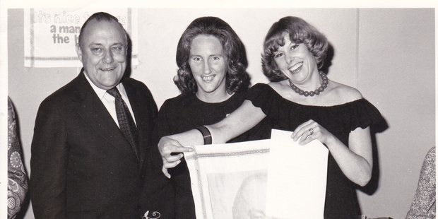Rob Muldoon in 1975 with Palmerston North electorate workers and the tea towels. Photo / John Cleland