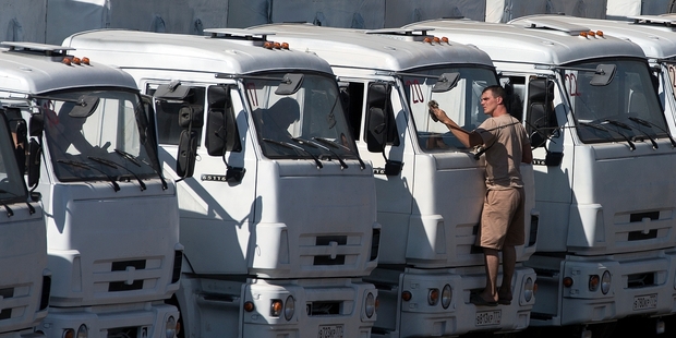 The huge Russian aid convoy has stalled at the entrance to Ukraine. Photo / AP