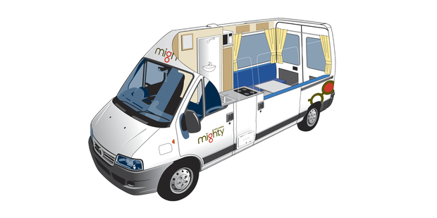 A cutaway image showing the interior of Mighty's Deuce campervan. Image / Supplied
