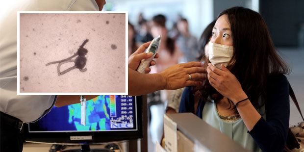 A South Korean quarantine officer checks the body temperature of a passenger at Incheon International Airport in South Korea. Photo / AP