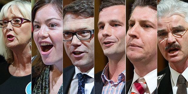 Candidates from left: Christine Rankin, Julie Anne Genter, Paul Goldsmith, David Seymour, Michael Wood and Patrick O'Dea. Photo / NZ Herald
