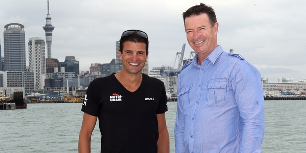 Triathlete Terenzo Bozzone and Ports of Auckland CEO Tony Gibson (right) at the Port of Auckland in Auckland.