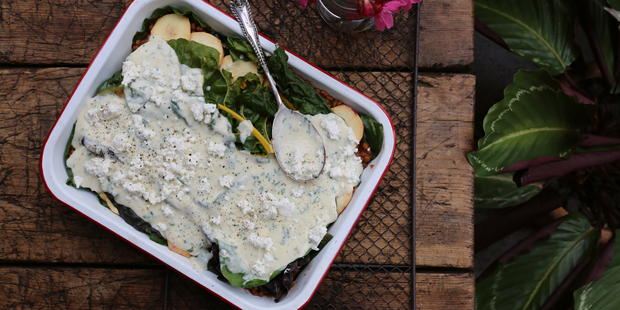 Lentil Lasagne with rainbow chard and buffalo feta. Picture / Eleanor Ozich