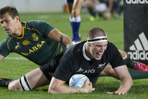 All Blacks lock Brodie Retallick celebrates a try against South Africa. Photo / Greg Bowker