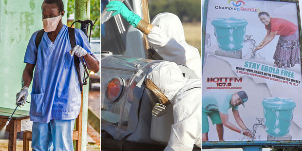 From left, a worker disinfects a health centre in Sierra Leone, Spanish priest Miguel Pajares is transferred home, and a sign in Liberia warns people to wash their hands. Photo / AP
