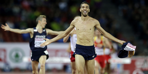 France's Mahiedine Mekhissi-Benabbad crosses the finish line to win the 3000m steeplechase. Photo / AP