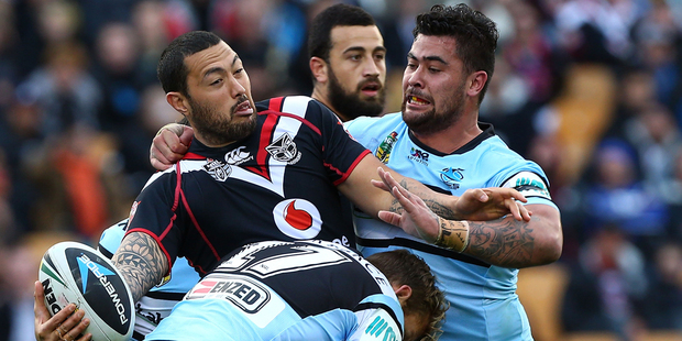 Feleti Mateo of the Warriors looks to offload in the tackle. Photo / Getty Images