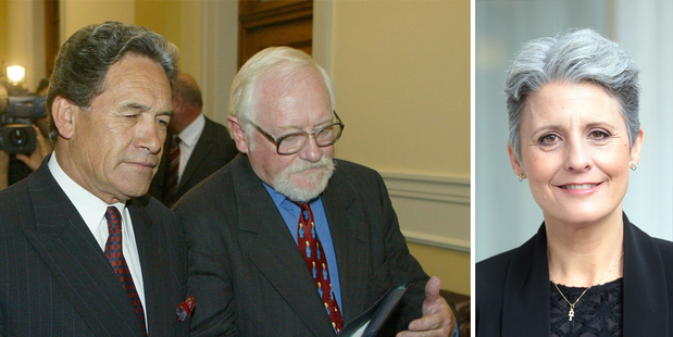 Winston Peters and Frank Perry, left, and Internet Party leader Laila Harre.