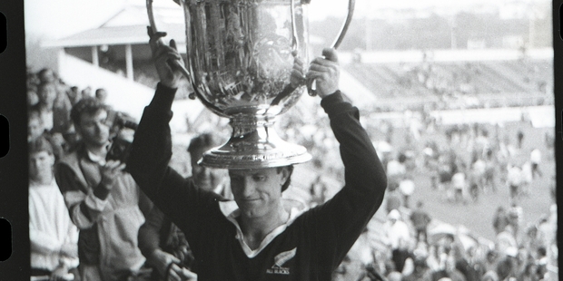 Wallabies captain Andrew Slack celebrates the 22-9 Bledisloe Cup victory over the All Blacks at Eden Park in 1986.
