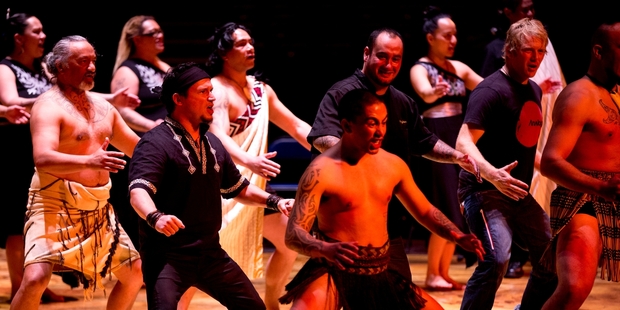 Cirque du Soleil members, in black, join in a haka to celebrate the arrival of their show Totem. Photo / Dean Purcell