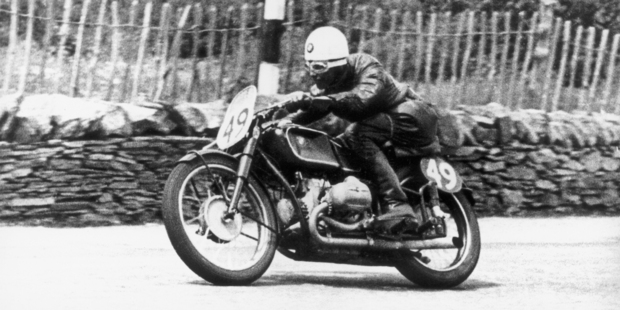 75 years ago Georg Meier guided a supercharged BMW to victory in the Senior TT on the Isle of Man, becoming the first non-British rider to win the race. Photos / Supplied