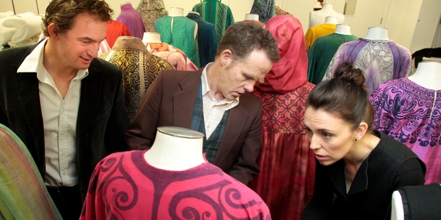 Douglas Lloyd Jenkins (centre) discusses the Whetu Tirikatene-Sullivan clothing collection with Labour candidate Stuart Nash and MP Jacinda Ardern. Photo / Warren Buckland