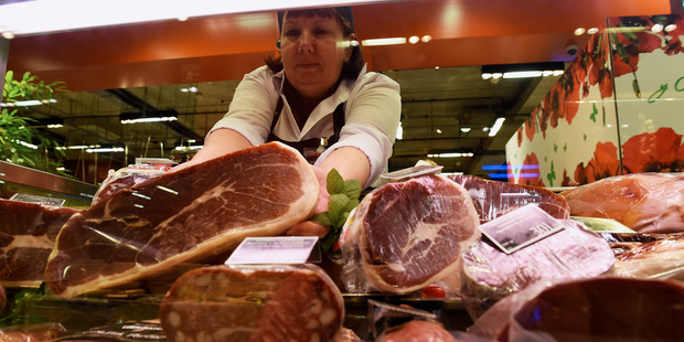 Shelves with imported meat and vegetables at a supermarket in Moscow, Russia. Photo / Getty