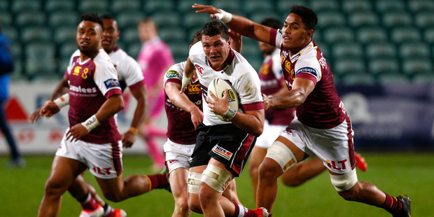 Jordan Manihera of North Harbour is tackled during the round two ITM Cup match between North Harbour and Southland. Photo / Getty Images