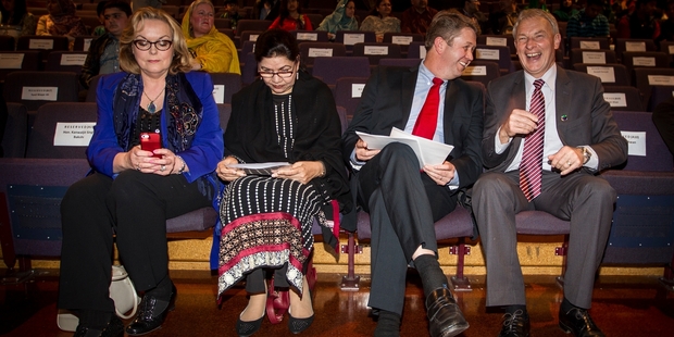 Judith Collins, left, Pakistan High Commissioner Zehra Akbari, David Cunliffe and Phil Goff at the Pakistan Independence Day celebrations. Photo / Michael Craig
